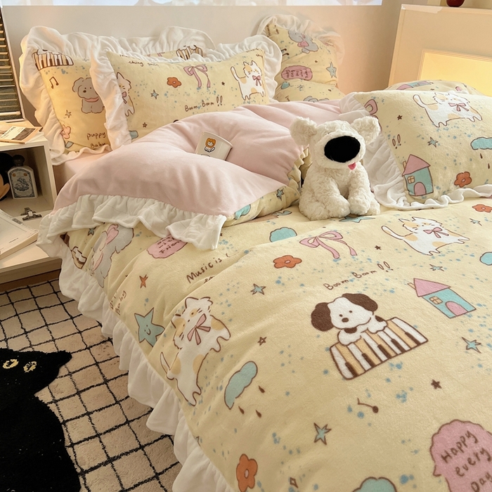 91家纺网 家纺一手货源 找家纺 （总）六巷胡同 2025新款韩版INS卡通花边款A类牛奶绒四件套