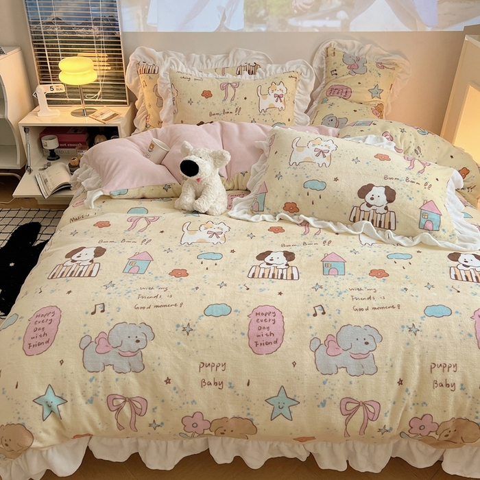 91家纺网 家纺一手货源 找家纺 （总）六巷胡同 2025新款韩版INS卡通花边款A类牛奶绒四件套