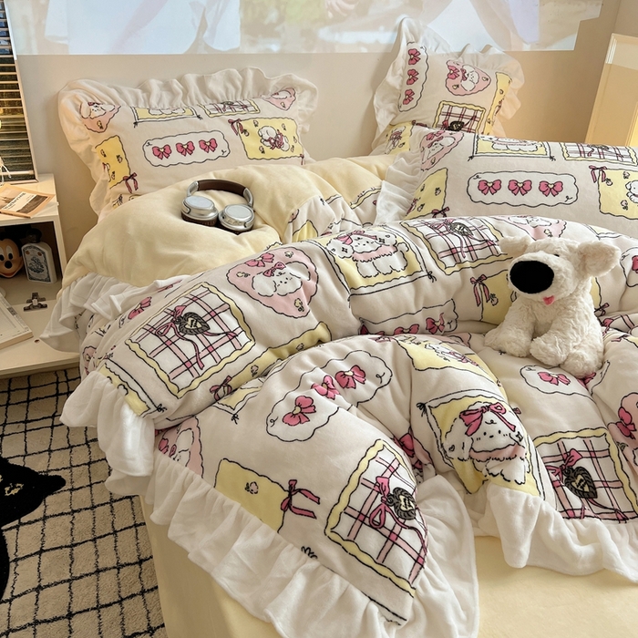 91家纺网 家纺一手货源 找家纺 （总）六巷胡同 2025新款韩版INS卡通花边款A类牛奶绒四件套