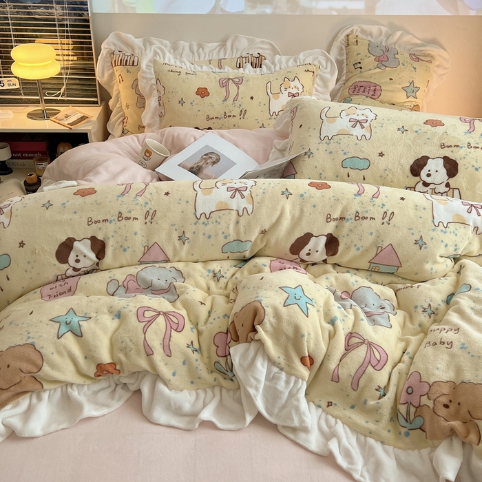 91家纺网 家纺一手货源 找家纺 （总）六巷胡同 2025新款韩版INS卡通花边款A类牛奶绒四件套