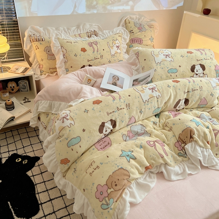 91家纺网 家纺一手货源 找家纺 （总）六巷胡同 2025新款韩版INS卡通花边款A类牛奶绒四件套