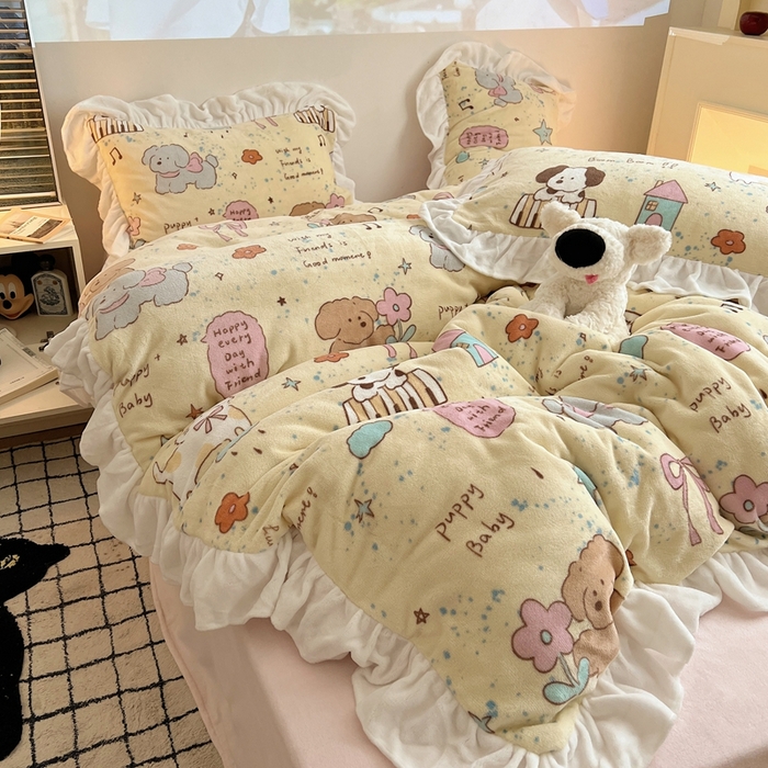 91家纺网 家纺一手货源 找家纺 （总）六巷胡同 2025新款韩版INS卡通花边款A类牛奶绒四件套