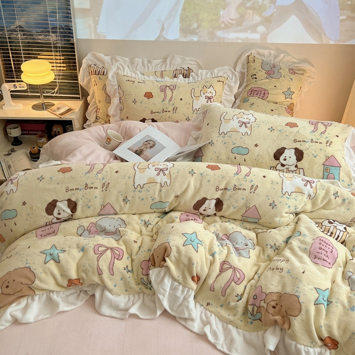 91家纺网 家纺一手货源 找家纺 （总）六巷胡同 2025新款韩版INS卡通花边款A类牛奶绒四件套