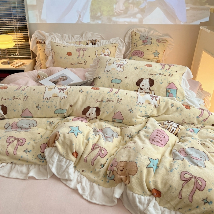 91家纺网 家纺一手货源 找家纺 （总）六巷胡同 2025新款韩版INS卡通花边款A类牛奶绒四件套