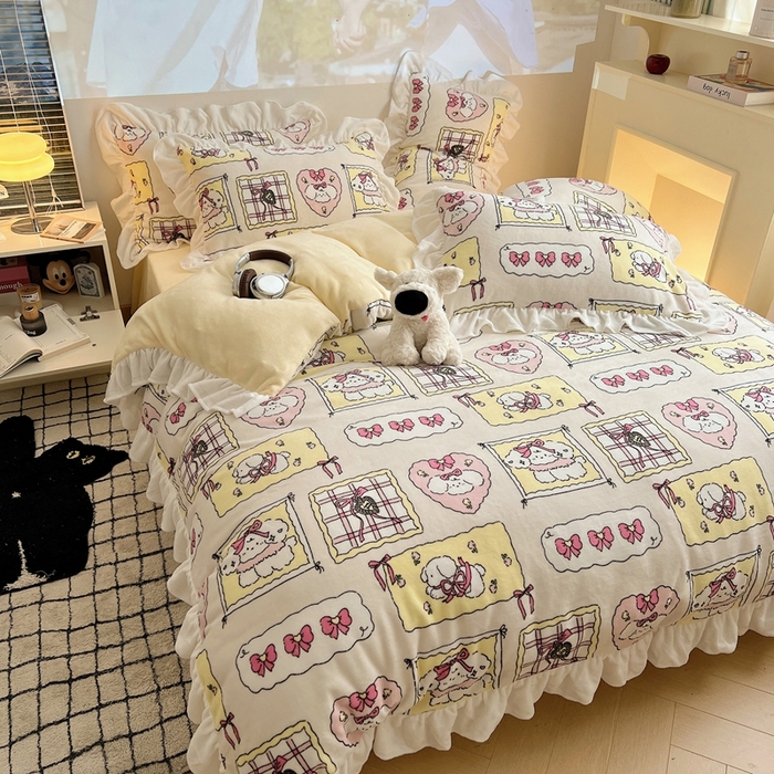 91家纺网 家纺一手货源 找家纺 六巷胡同 2025新款韩版INS卡通花边款A类牛奶绒四件套 花边卡哇伊狗狗