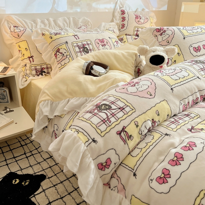 91家纺网 家纺一手货源 找家纺 六巷胡同 2025新款韩版INS卡通花边款A类牛奶绒四件套 花边卡哇伊狗狗