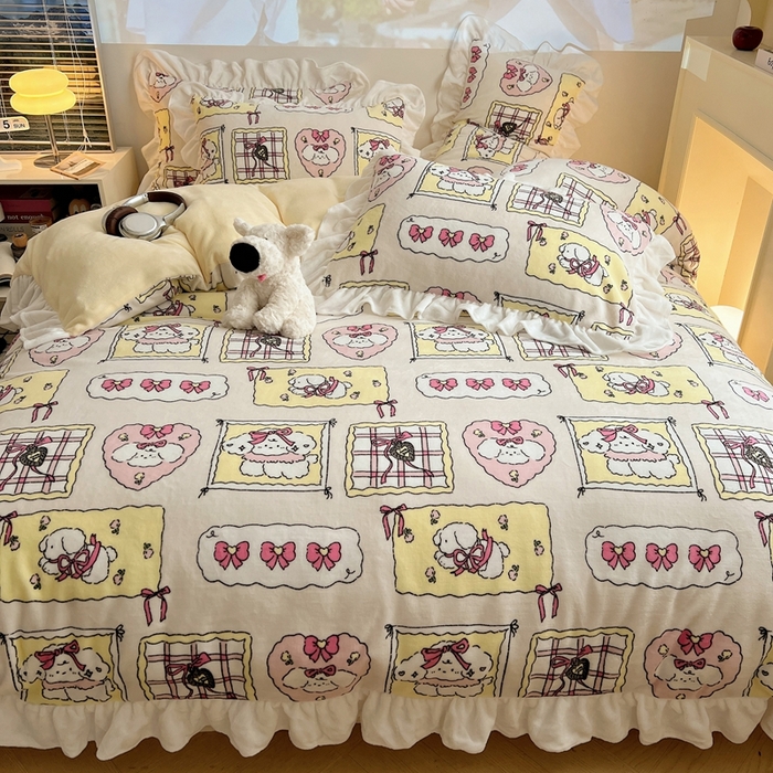 91家纺网 家纺一手货源 找家纺 六巷胡同 2025新款韩版INS卡通花边款A类牛奶绒四件套 花边卡哇伊狗狗