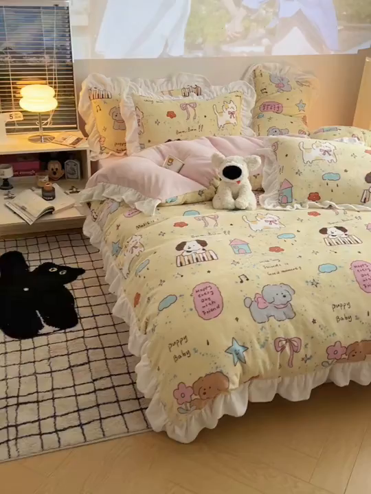 91家纺网 家纺一手货源 找家纺 （总）六巷胡同 2025新款韩版INS卡通花边款A类牛奶绒四件套