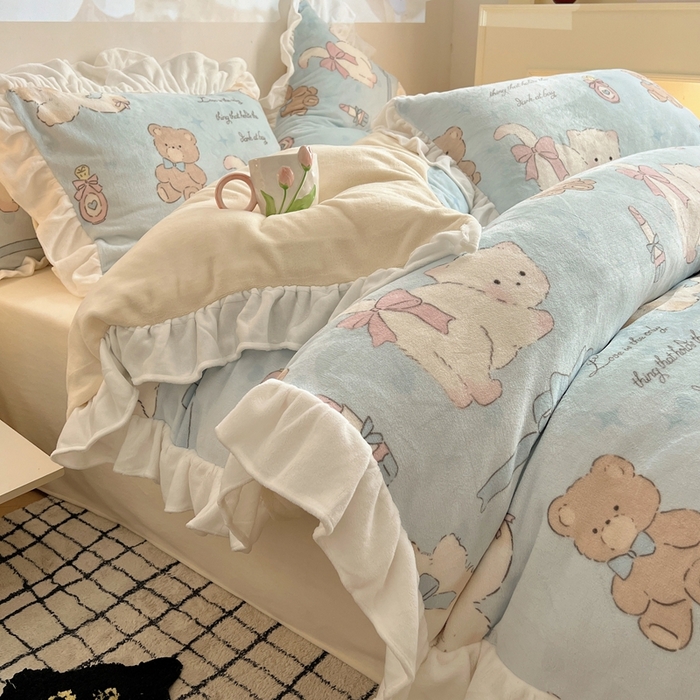 91家纺网 家纺一手货源 找家纺 六巷胡同 2025新款韩版INS卡通花边款A类牛奶绒四件套 花边元气猫咪酱