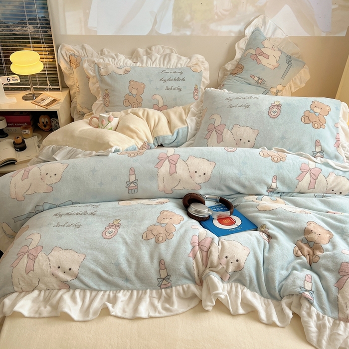 91家纺网 家纺一手货源 找家纺 六巷胡同 2025新款韩版INS卡通花边款A类牛奶绒四件套 花边元气猫咪酱