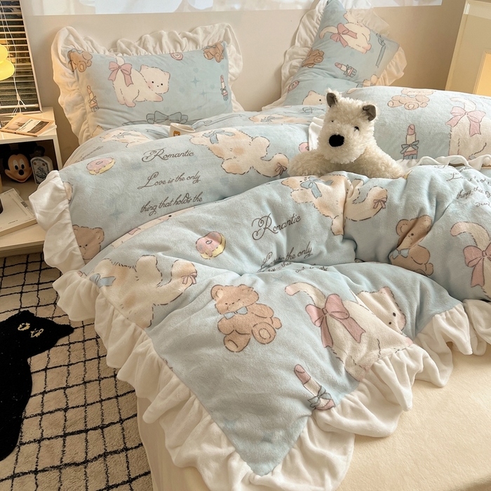 六巷胡同 2025新款韩版INS卡通花边款A类牛奶绒四件套 花边元气猫咪酱