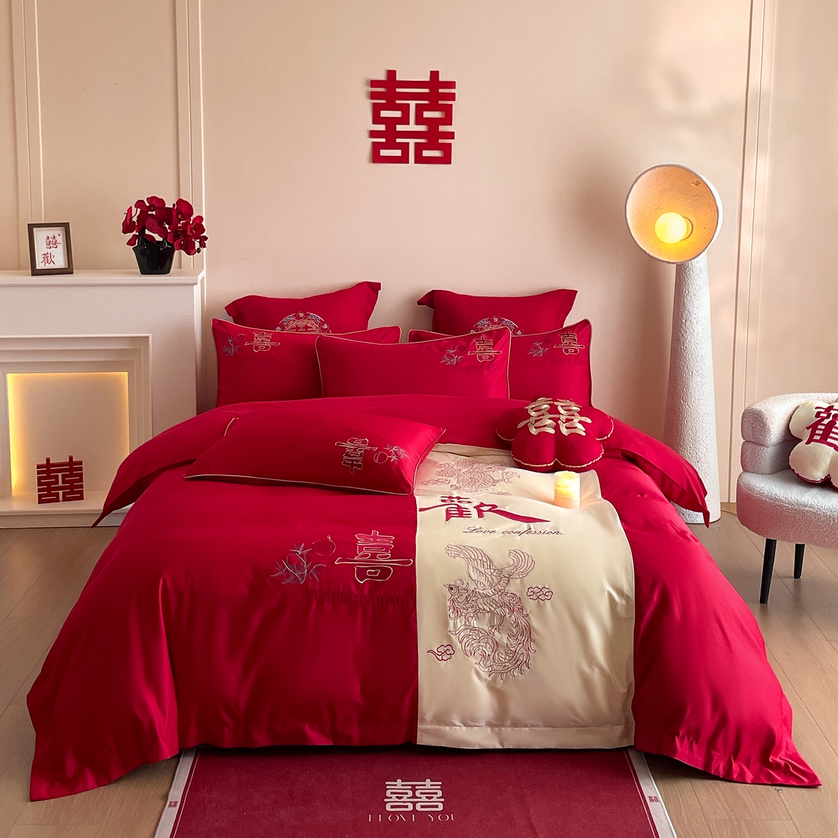 91家纺网 家纺一手货源 找家纺 玉雅家纺 2025新款丝缎亮面刺绣婚庆四件套 欢喜余生