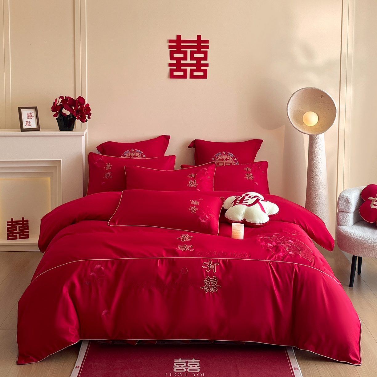 91家纺网 家纺一手货源 找家纺 玉雅家纺 2025新款丝缎亮面刺绣婚庆四件套 新婚喜乐