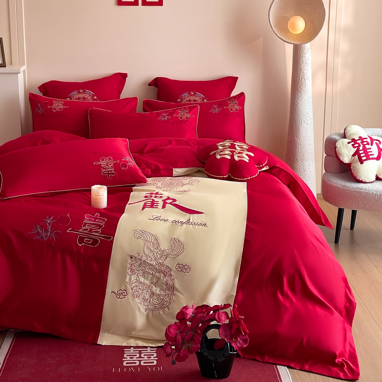 91家纺网 家纺一手货源 找家纺 玉雅家纺 2025新款丝缎亮面刺绣婚庆四件套 欢喜余生