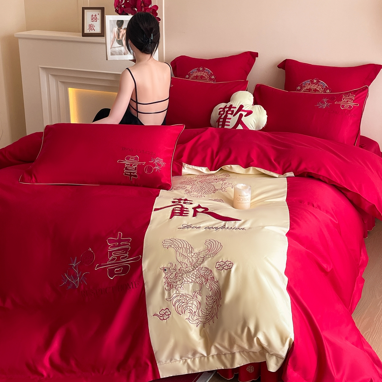 91家纺网 家纺一手货源 找家纺 玉雅家纺 2025新款丝缎亮面刺绣婚庆四件套 欢喜余生