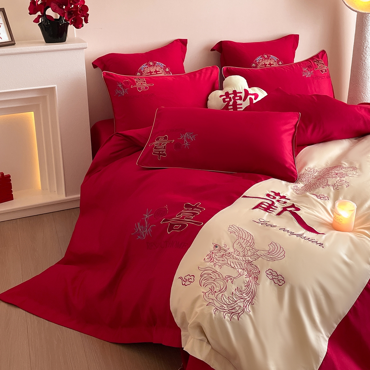 91家纺网 家纺一手货源 找家纺 玉雅家纺 2025新款丝缎亮面刺绣婚庆四件套 欢喜余生