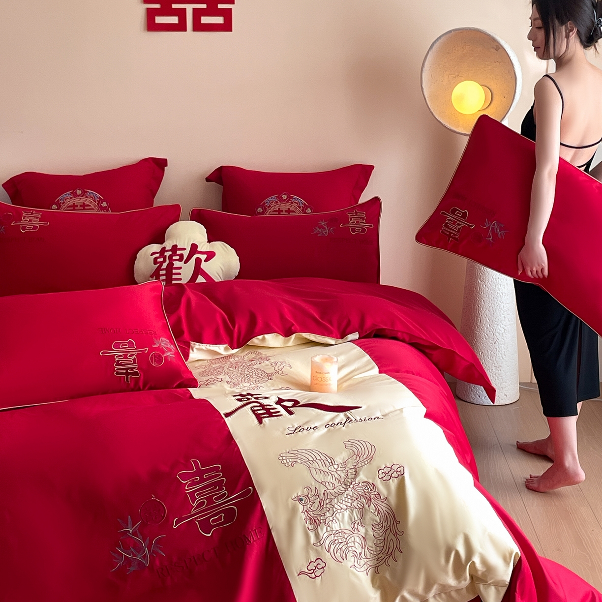 91家纺网 家纺一手货源 找家纺 玉雅家纺 2025新款丝缎亮面刺绣婚庆四件套 欢喜余生