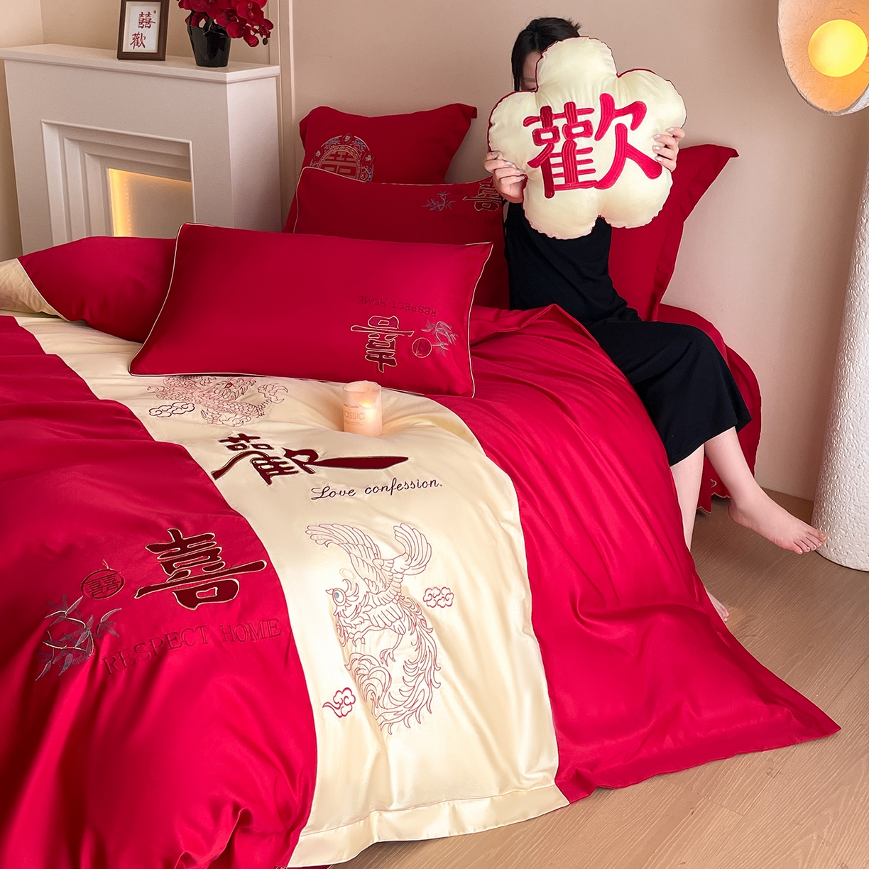 91家纺网 家纺一手货源 找家纺 玉雅家纺 2025新款丝缎亮面刺绣婚庆四件套 欢喜余生