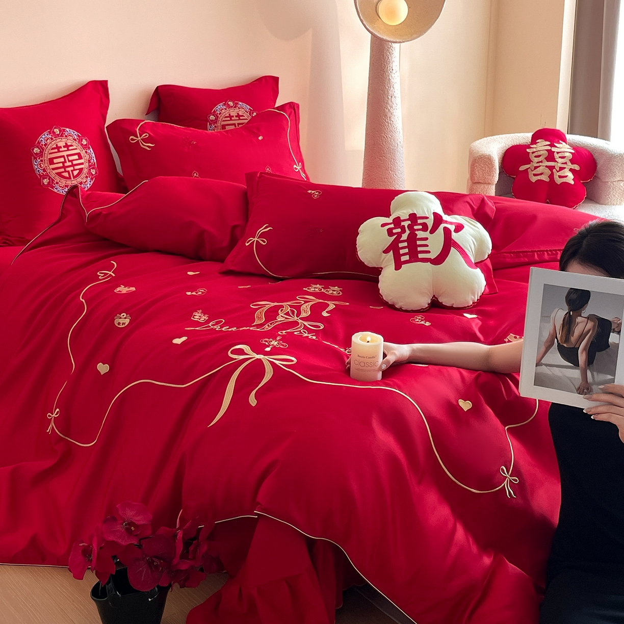 玉雅家纺 2025新款丝缎亮面刺绣婚庆四件套 爱意绵绵