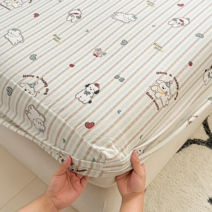 91家纺网 家纺一手货源 找家纺 曼之夏 2025新款全棉纯棉卡通印花单床笠 床笠单件 茶茶狗