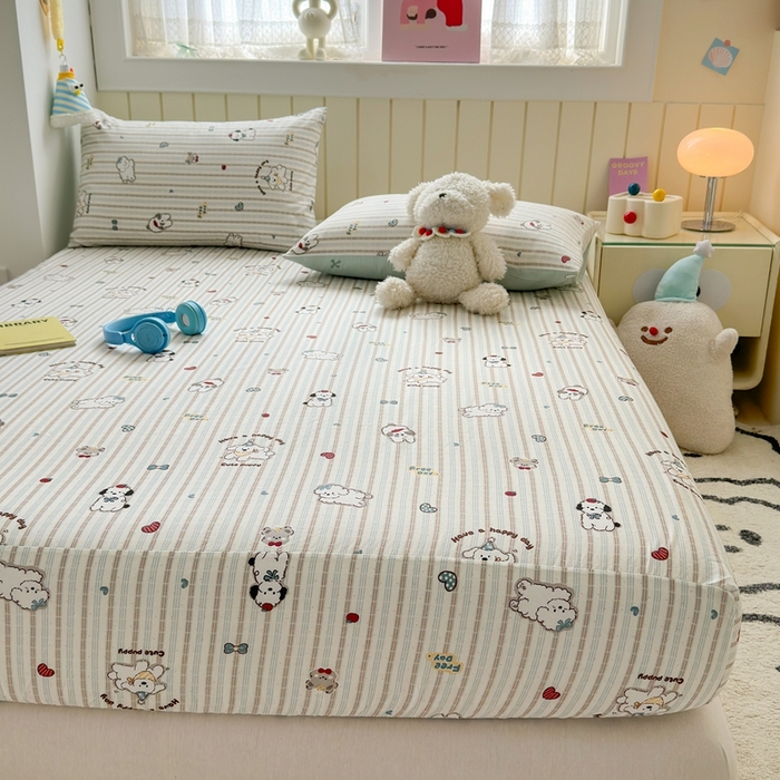 91家纺网 家纺一手货源 找家纺 曼之夏 2025新款全棉纯棉卡通印花单床笠 床笠单件 茶茶狗