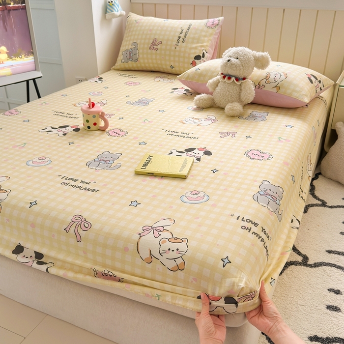 曼之夏 2025新款全棉纯棉卡通印花单床笠 床笠单件 格子猫