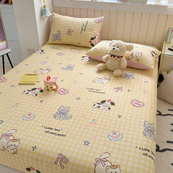 91家纺网 家纺一手货源 找家纺 曼之夏 2025新款全棉纯棉卡通印花单床笠 床笠单件 格子猫