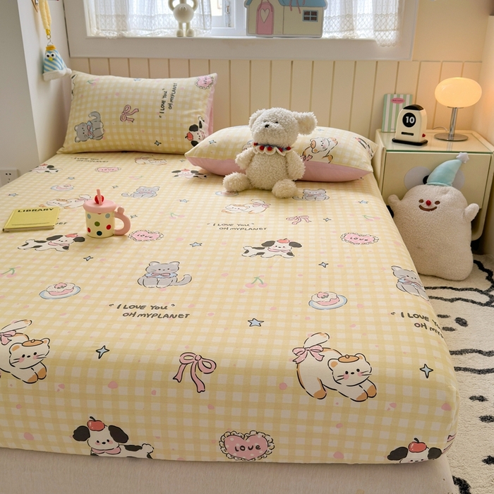 91家纺网 家纺一手货源 找家纺 曼之夏 2025新款全棉纯棉卡通印花单床笠 床笠单件 格子猫