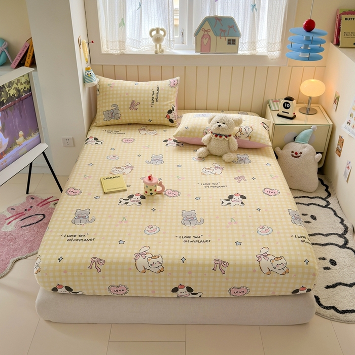 91家纺网 家纺一手货源 找家纺 曼之夏 2025新款全棉纯棉卡通印花单床笠 床笠单件 格子猫