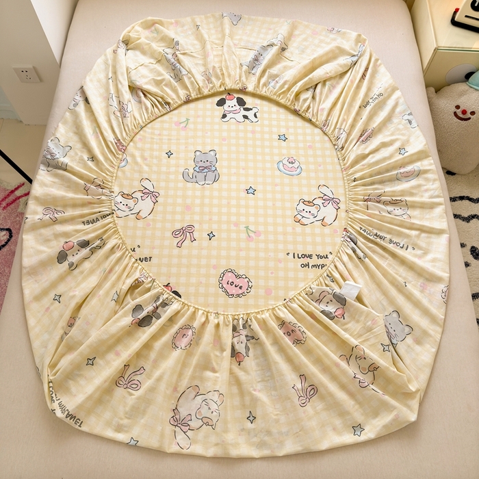 91家纺网 家纺一手货源 找家纺 曼之夏 2025新款全棉纯棉卡通印花单床笠 床笠单件 格子猫