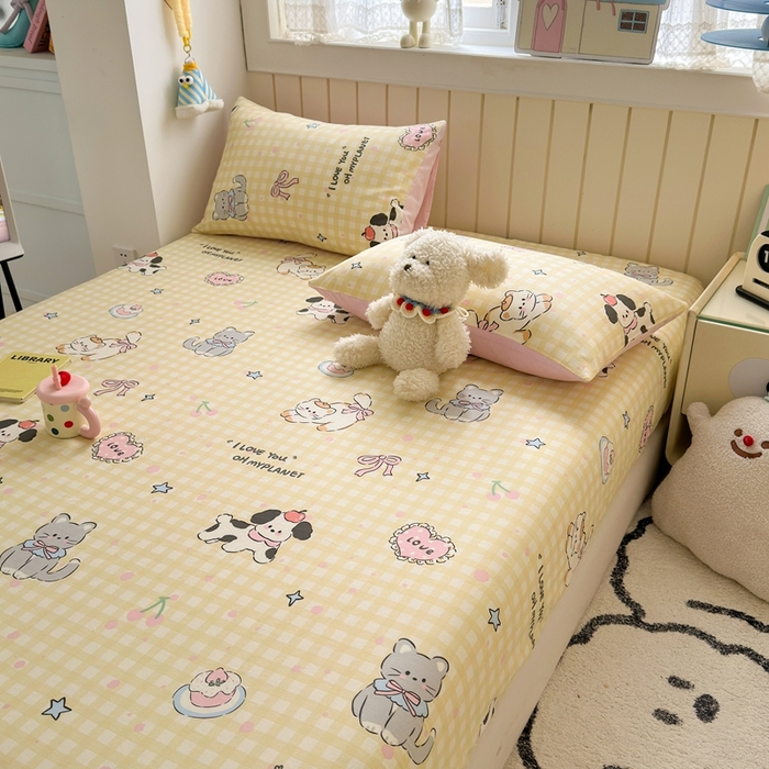 91家纺网 家纺一手货源 找家纺 曼之夏 2025新款全棉纯棉卡通印花单床笠 床笠单件 格子猫