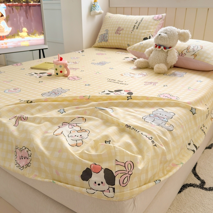 91家纺网 家纺一手货源 找家纺 曼之夏 2025新款全棉纯棉卡通印花单床笠 床笠单件 格子猫