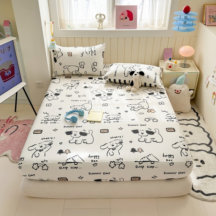 91家纺网 家纺一手货源 找家纺 曼之夏 2025新款全棉纯棉卡通印花单床笠 床笠单件 嗨皮狗