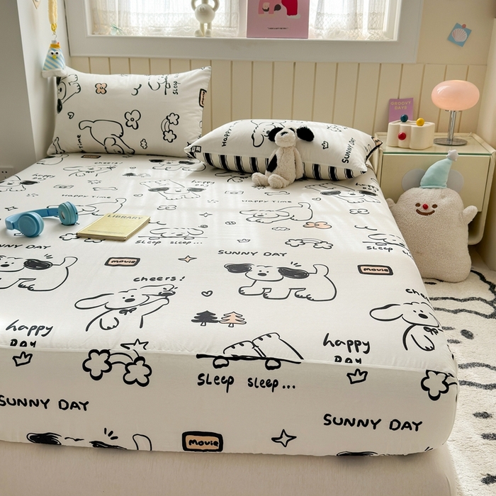 91家纺网 家纺一手货源 找家纺 曼之夏 2025新款全棉纯棉卡通印花单床笠 床笠单件 嗨皮狗