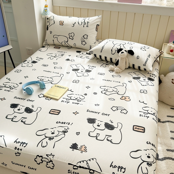 91家纺网 家纺一手货源 找家纺 曼之夏 2025新款全棉纯棉卡通印花单床笠 床笠单件 嗨皮狗