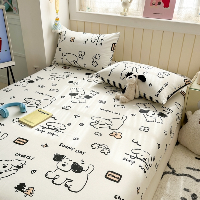 91家纺网 家纺一手货源 找家纺 曼之夏 2025新款全棉纯棉卡通印花单床笠 床笠单件 嗨皮狗