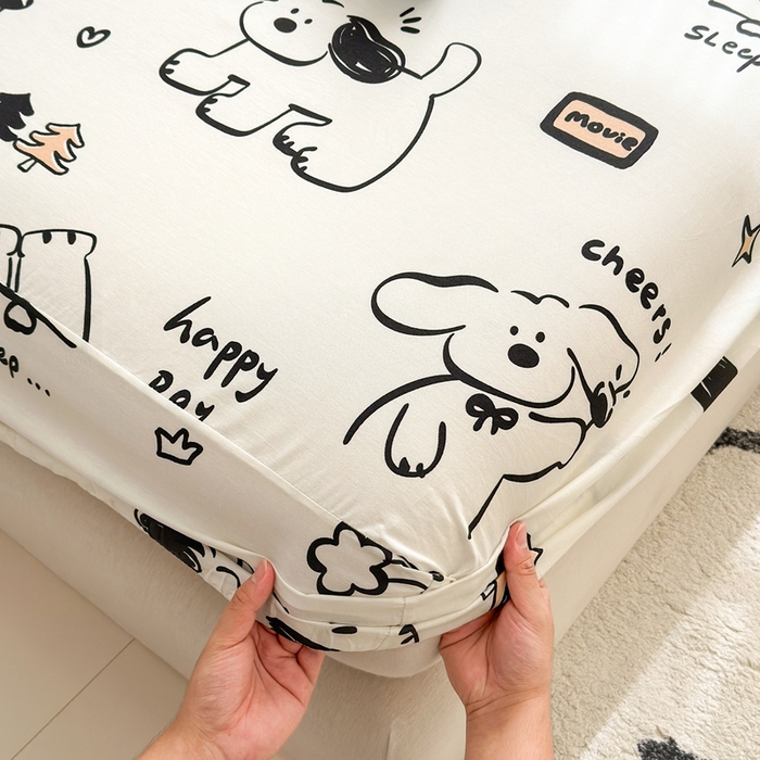 91家纺网 家纺一手货源 找家纺 曼之夏 2025新款全棉纯棉卡通印花单床笠 床笠单件 嗨皮狗