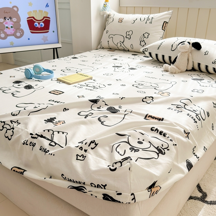 91家纺网 家纺一手货源 找家纺 曼之夏 2025新款全棉纯棉卡通印花单床笠 床笠单件 嗨皮狗