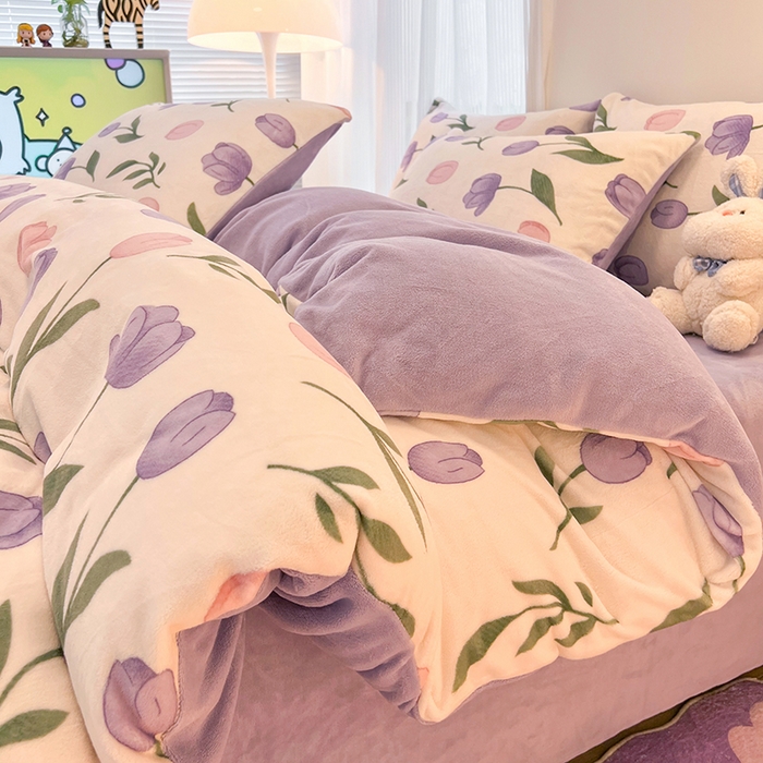 91家纺网 家纺一手货源 找家纺 HL原创 2025新款牛奶绒四件套 紫色郁金香