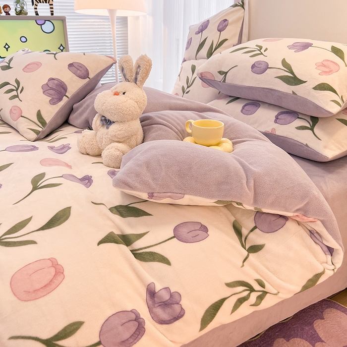 91家纺网 家纺一手货源 找家纺 HL原创 2025新款牛奶绒四件套 紫色郁金香