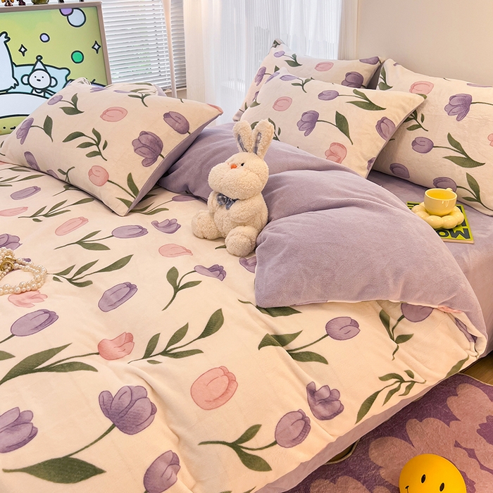 91家纺网 家纺一手货源 找家纺 HL原创 2025新款牛奶绒四件套 紫色郁金香