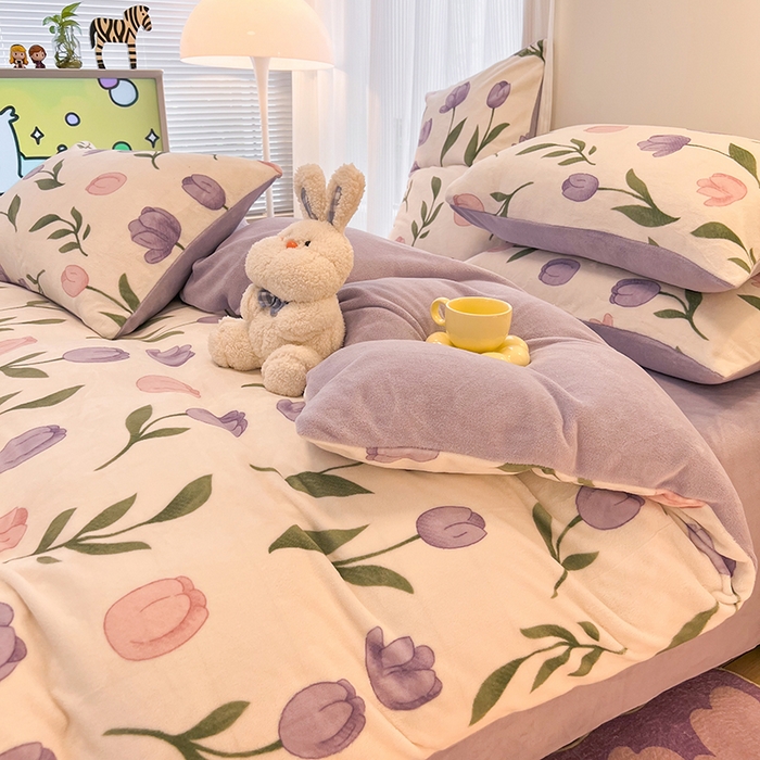 91家纺网 家纺一手货源 找家纺 HL原创 2025新款牛奶绒四件套 紫色郁金香