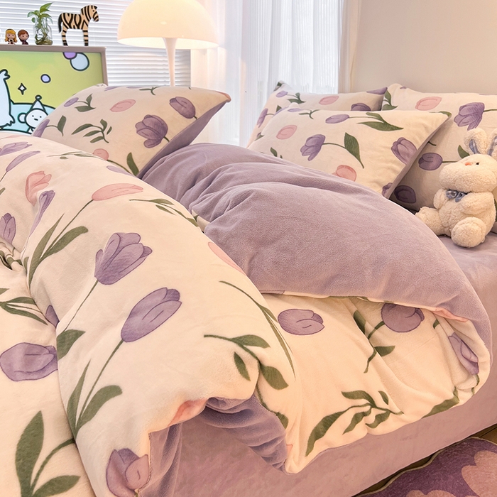 91家纺网 家纺一手货源 找家纺 HL原创 2025新款牛奶绒四件套 紫色郁金香