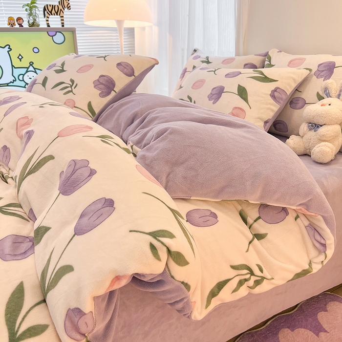 91家纺网 家纺一手货源 找家纺 HL原创 2025新款牛奶绒四件套 紫色郁金香