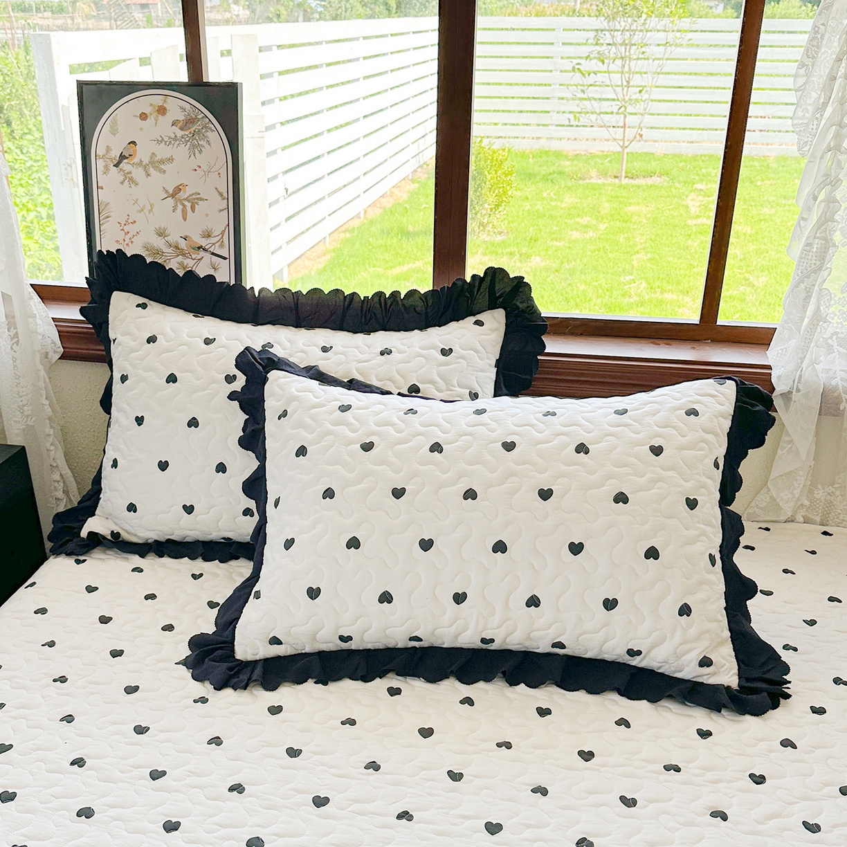 91家纺网 家纺一手货源 找家纺 笠裙家纺 2025新款水洗棉荷叶花边法式赫本风夹棉加厚床裙单床裙床裙单件 夹棉-爱心