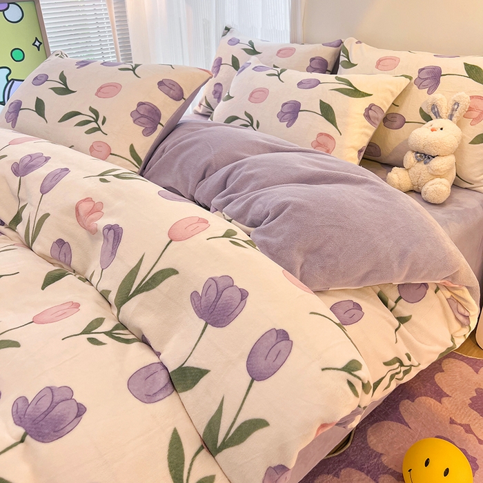 91家纺网 家纺一手货源 找家纺 HL原创 2025新款牛奶绒四件套 紫色郁金香