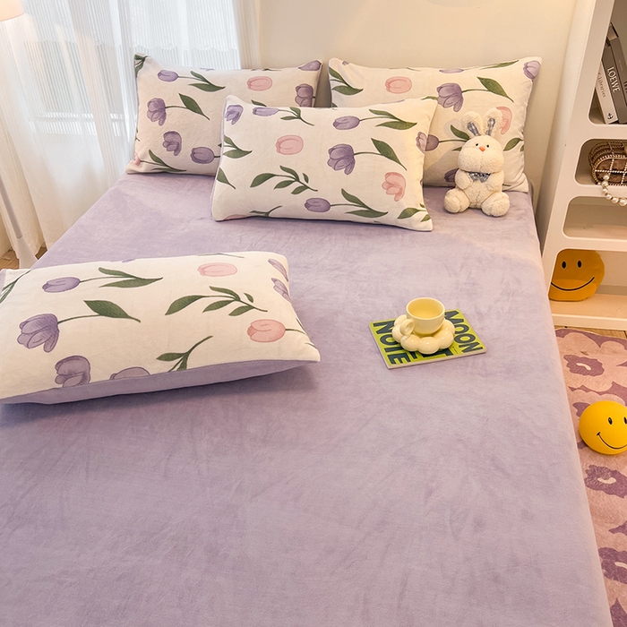 91家纺网 家纺一手货源 找家纺 HL原创 2025新款牛奶绒四件套 紫色郁金香