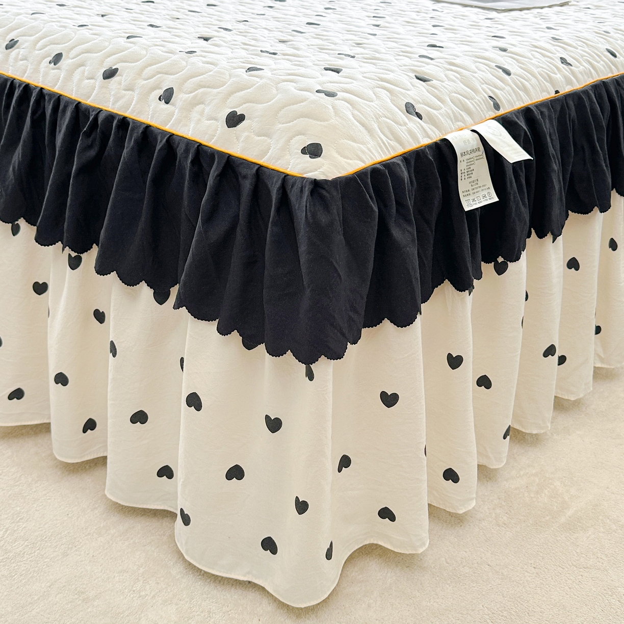 91家纺网 家纺一手货源 找家纺 笠裙家纺 2025新款水洗棉荷叶花边法式赫本风夹棉加厚床裙单床裙床裙单件 夹棉-爱心