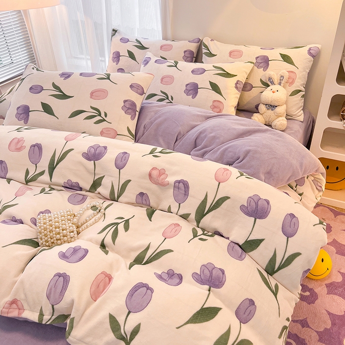 91家纺网 家纺一手货源 找家纺 HL原创 2025新款牛奶绒四件套 紫色郁金香