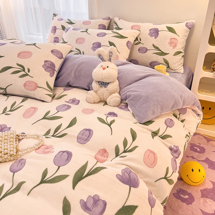 91家纺网 家纺一手货源 找家纺 HL原创 2025新款牛奶绒四件套 紫色郁金香